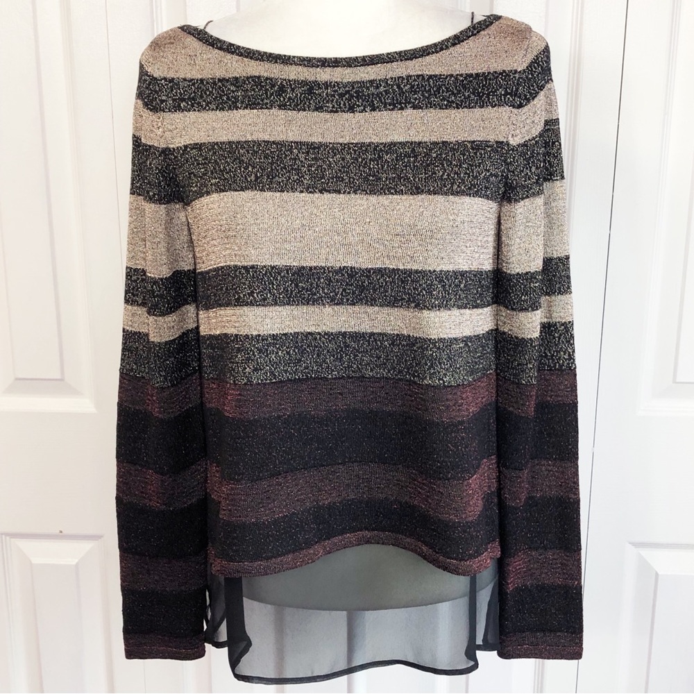White House Black Market Metallic Shimmer Stripe Split Back Sweater XS